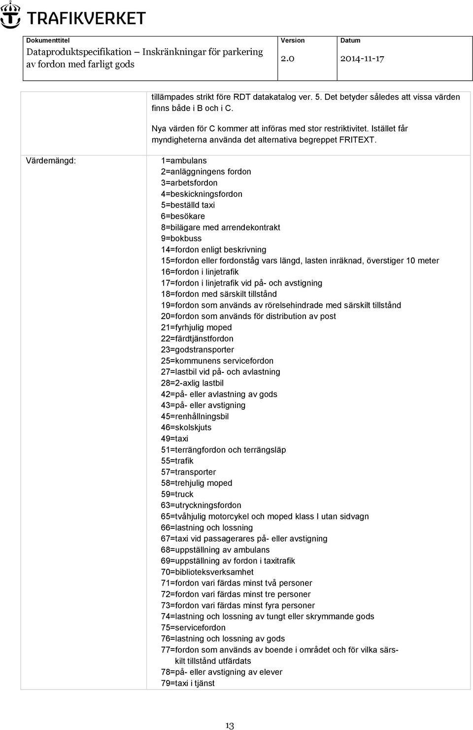 Värdemängd: 1=ambulans 2=anläggningens fordon 3=arbetsfordon 4=beskickningsfordon 5=beställd taxi 6=besökare 8=bilägare med arrendekontrakt 9=bokbuss 14=fordon enligt beskrivning 15=fordon eller