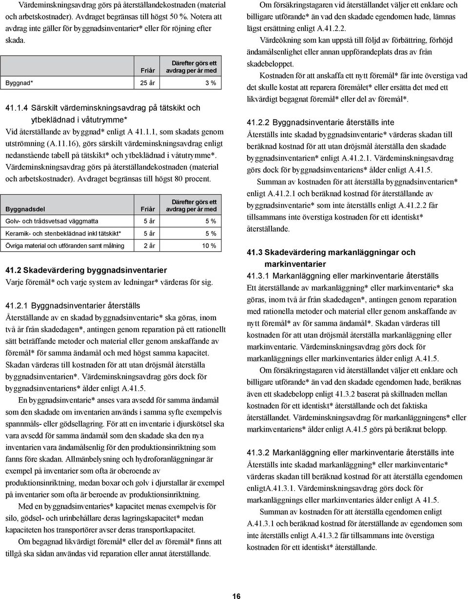 1.4 Särskilt värdeminskningsavdrag på tätskikt och ytbeklädnad i våtutrymme* Vid återställande av byggnad* enligt A 41.1.1, som skadats genom utströmning (A.11.