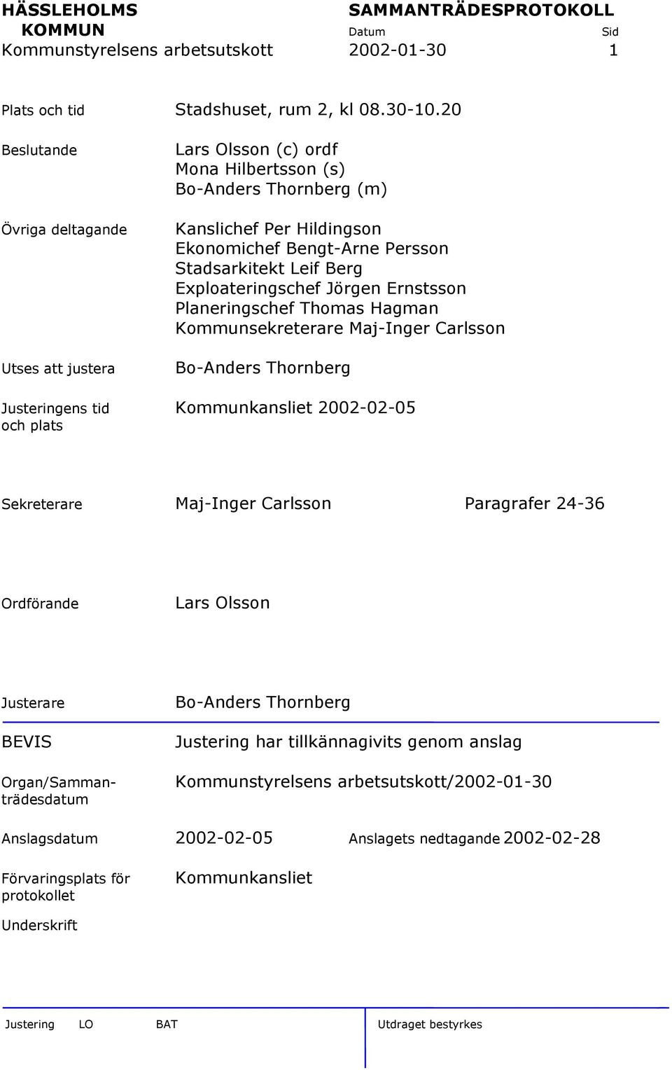 Exploateringschef Jörgen Ernstsson Planeringschef Thomas Hagman Kommunsekreterare Maj-Inger Carlsson Bo-Anders Thornberg Justeringens tid Kommunkansliet 2002-02-05 och plats Sekreterare Maj-Inger