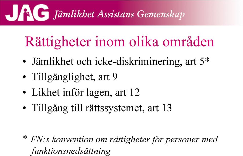 inför lagen, art 12 Tillgång till rättssystemet, art 13