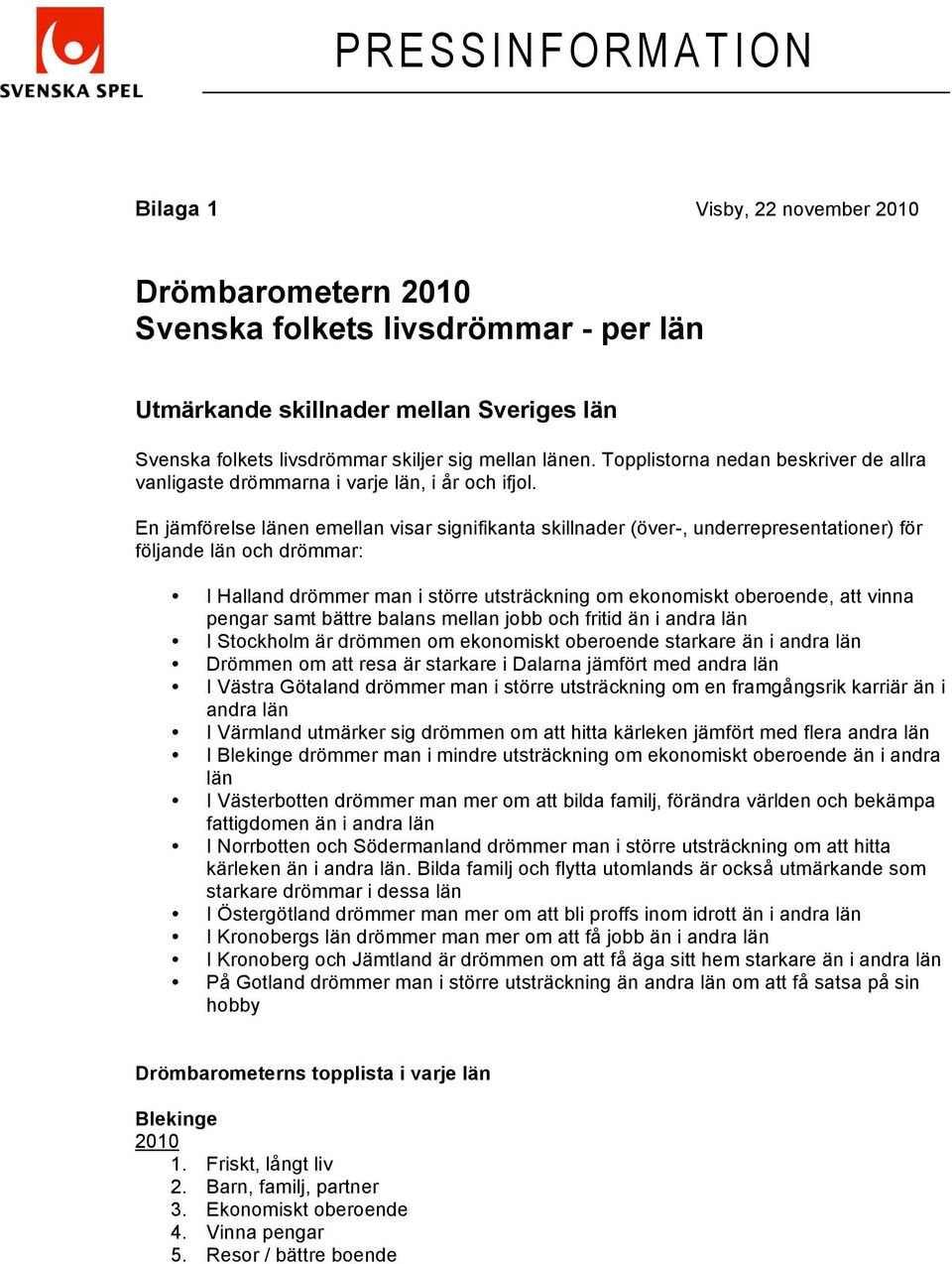 En jämförelse länen emellan visar signifikanta skillnader (över-, underrepresentationer) för följande län och drömmar: I Halland drömmer man i större utsträckning om ekonomiskt oberoende, att vinna