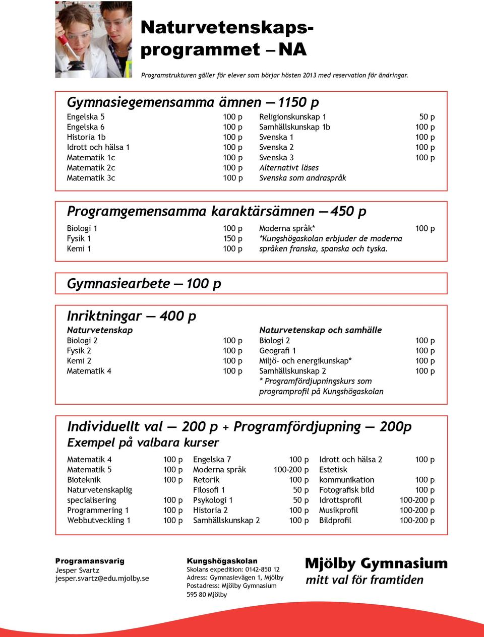 andraspråk Programgemensamma karaktärsämnen 4 Biologi 1 Fysik 1 Kemi 1 1 Moderna språk* *Kungshögaskolan erbjuder de moderna språken franska, spanska och tyska.