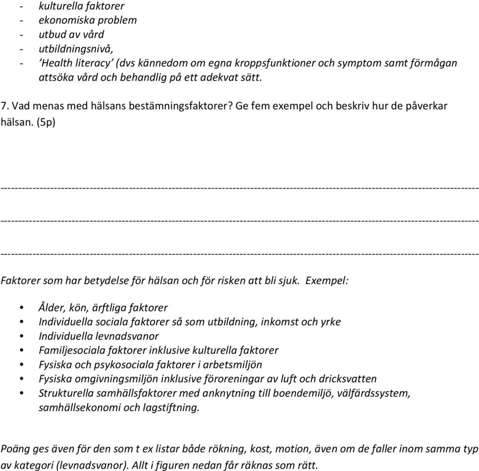 Exempel: Ålder, kön, ärftliga faktorer Individuella sociala faktorer så som utbildning, inkomst och yrke Individuella levnadsvanor Familjesociala faktorer inklusive kulturella faktorer Fysiska och