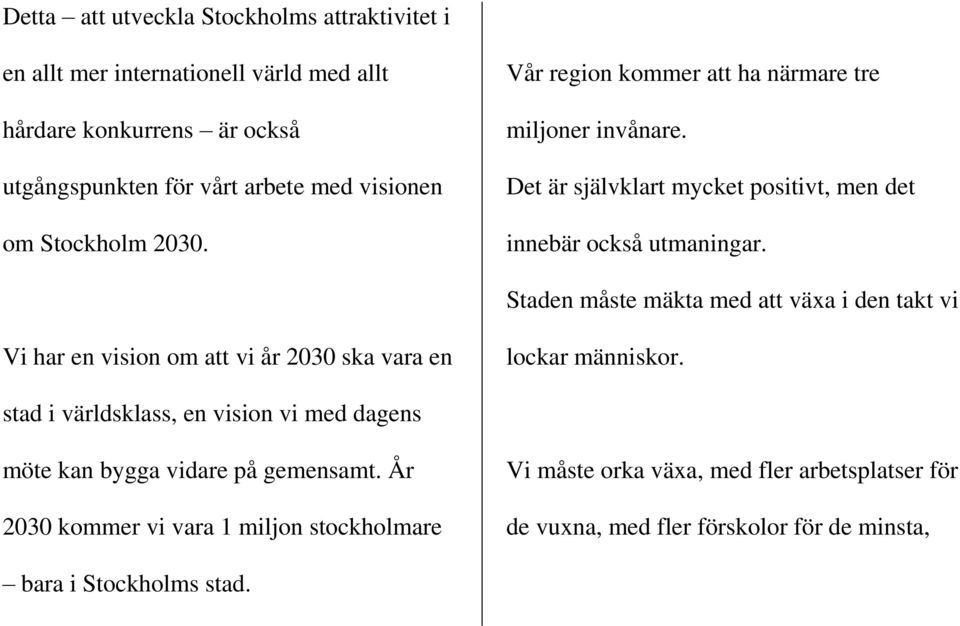 Staden måste mäkta med att växa i den takt vi Vi har en vision om att vi år 2030 ska vara en lockar människor.