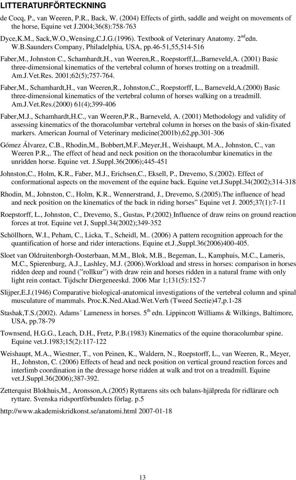 (21) Basic three-dimensional kinematics of the vertebral column of horses trotting on a treadmill. Am.J.Vet.Res. 21;62();77-764. Faber,M., Schamhardt,H., van Weeren,R., Johnston,C., Roepstorff, L.