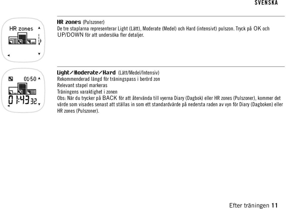Light/Moderate/Hard (Lätt/Medel/Intensiv) Rekommenderad längd för träningspass i berörd zon Relevant stapel markeras Träningens varaktighet i