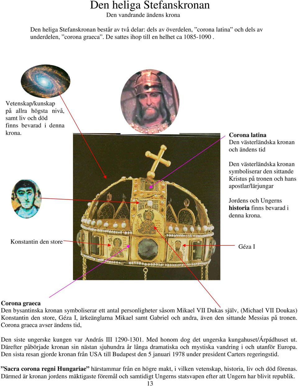 Corona latina Den västerländska kronan och ändens tid Den västerländska kronan symboliserar den sittande Kristus på tronen och hans apostlar/lärjungar Jordens och Ungerns historia finns bevarad i