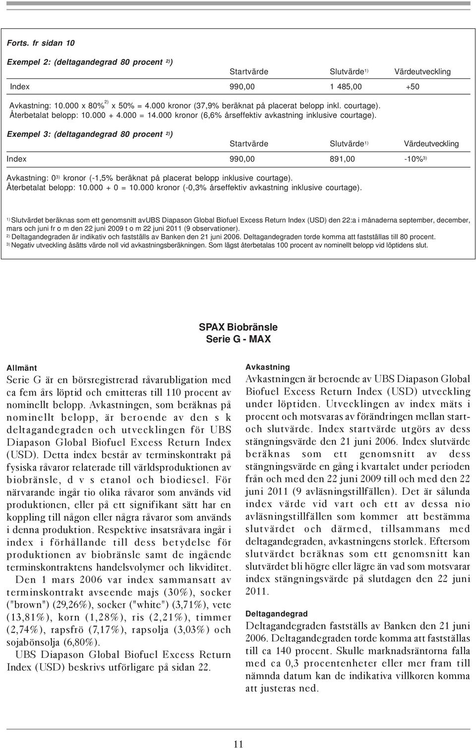 Exempel 3: (deltagandegrad 80 procent 2) ) Startvärde Slutvärde 1) Värdeutveckling Index 990,00 891,00-10% 3) Avkastning: 0 3) kronor (-1,5% beräknat på placerat belopp inklusive courtage).