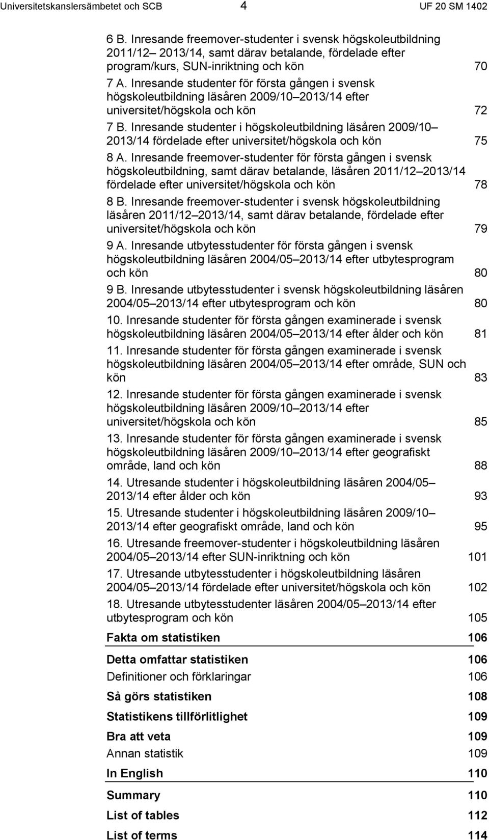 Inresande studenter för första gången i svensk högskoleutbildning läsåren 2009/10 2013/14 efter universitet/högskola och kön 72 7 B.