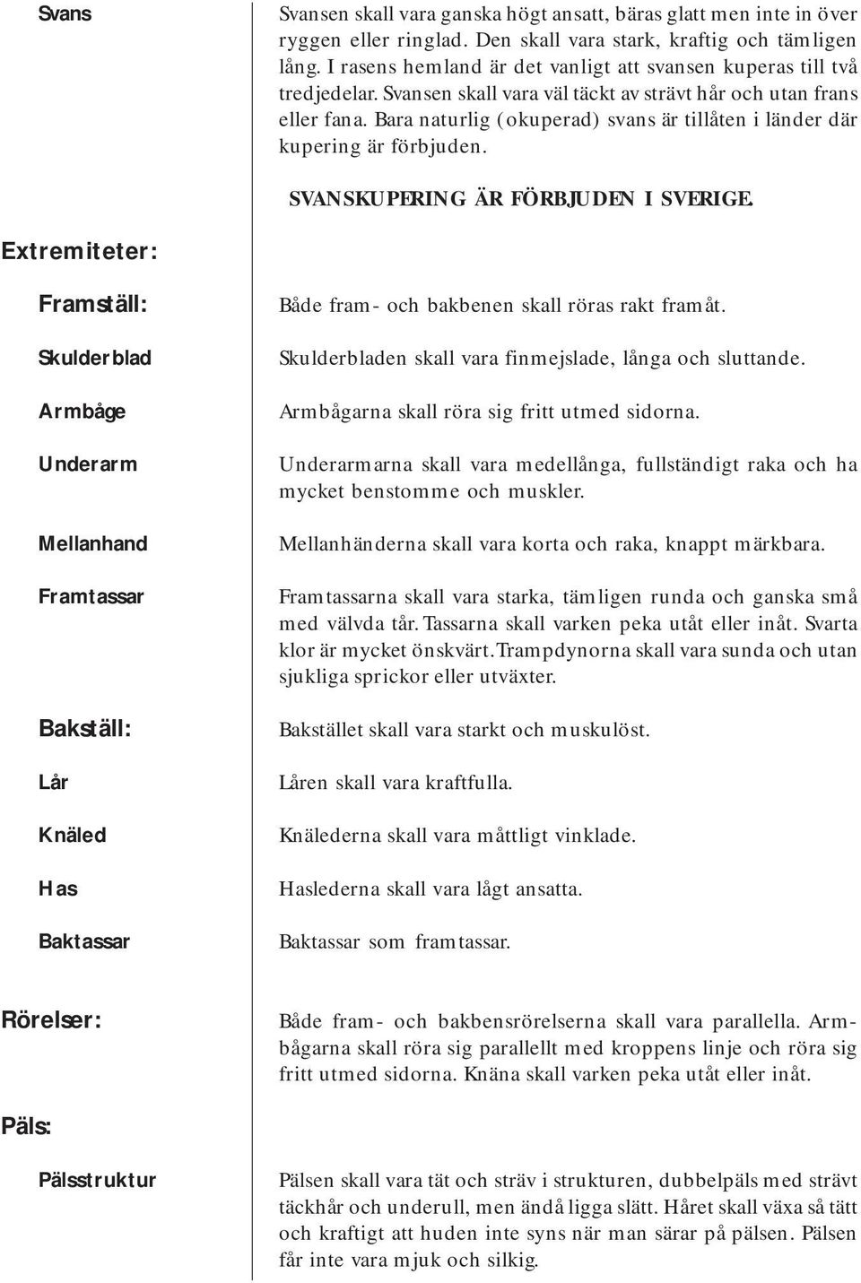 Bara naturlig (okuperad) svans är tillåten i länder där kupering är förbjuden. SVANSKUPERING ÄR FÖRBJUDEN I SVERIGE.