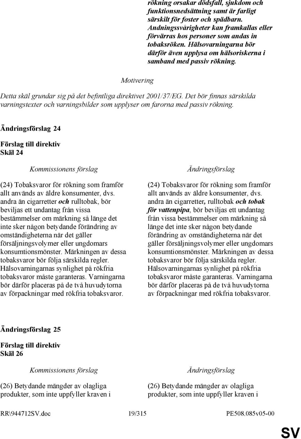 Detta skäl grundar sig på det befintliga direktivet 2001/37/EG. Det bör finnas särskilda varningstexter och varningsbilder som upplyser om farorna med passiv rökning.