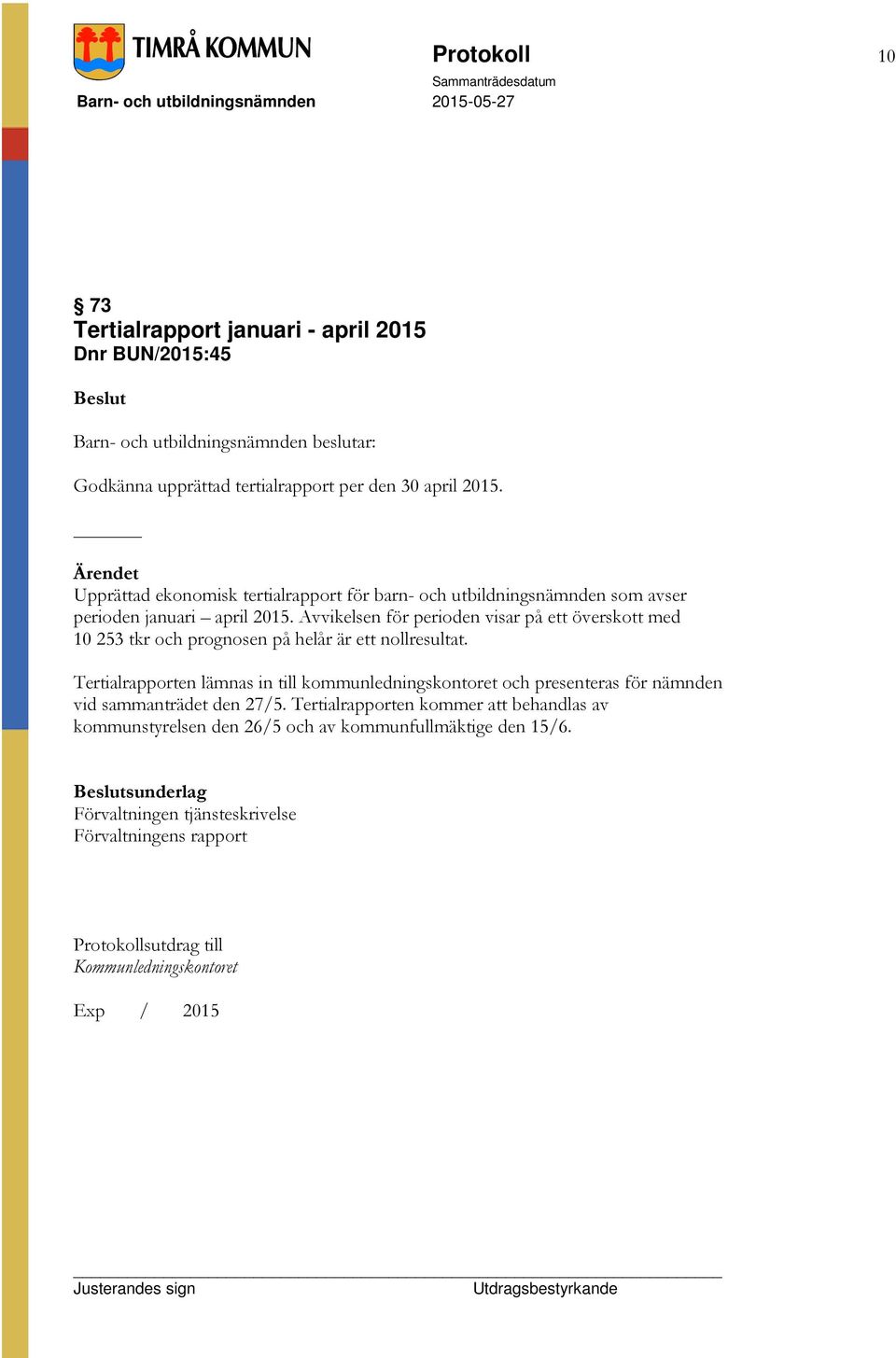 Avvikelsen för perioden visar på ett överskott med 10 253 tkr och prognosen på helår är ett nollresultat.