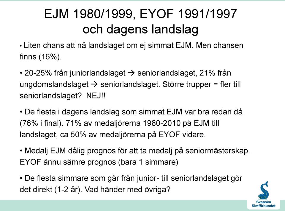 Större trupper = fler till seniorlandslaget? NEJ!! De flesta i dagens landslag som simmat EJM var bra redan då (76% i final).