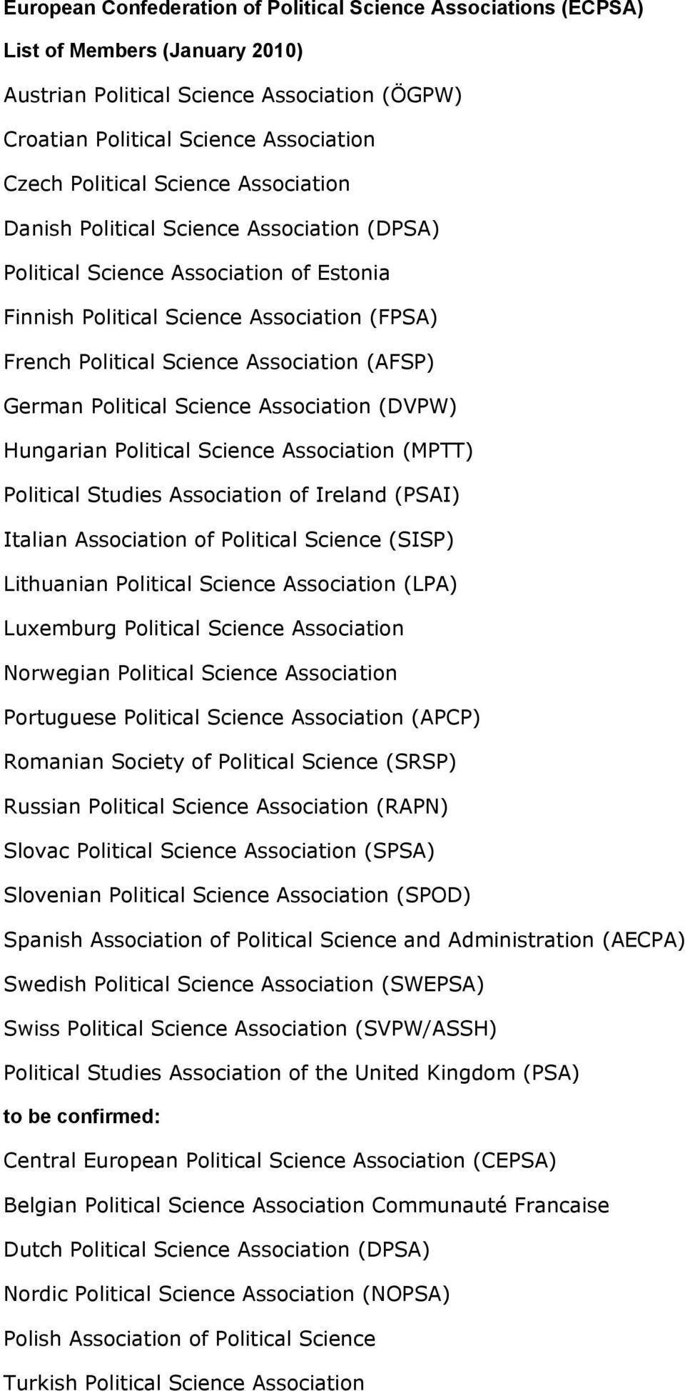 German Political Science Association (DVPW) Hungarian Political Science Association (MPTT) Political Studies Association of Ireland (PSAI) Italian Association of Political Science (SISP) Lithuanian