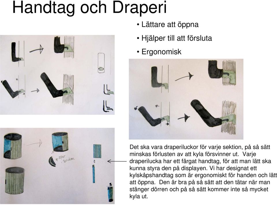 Varje draperilucka har ett färgat handtag, för att man lätt ska kunna styra den på displayen.