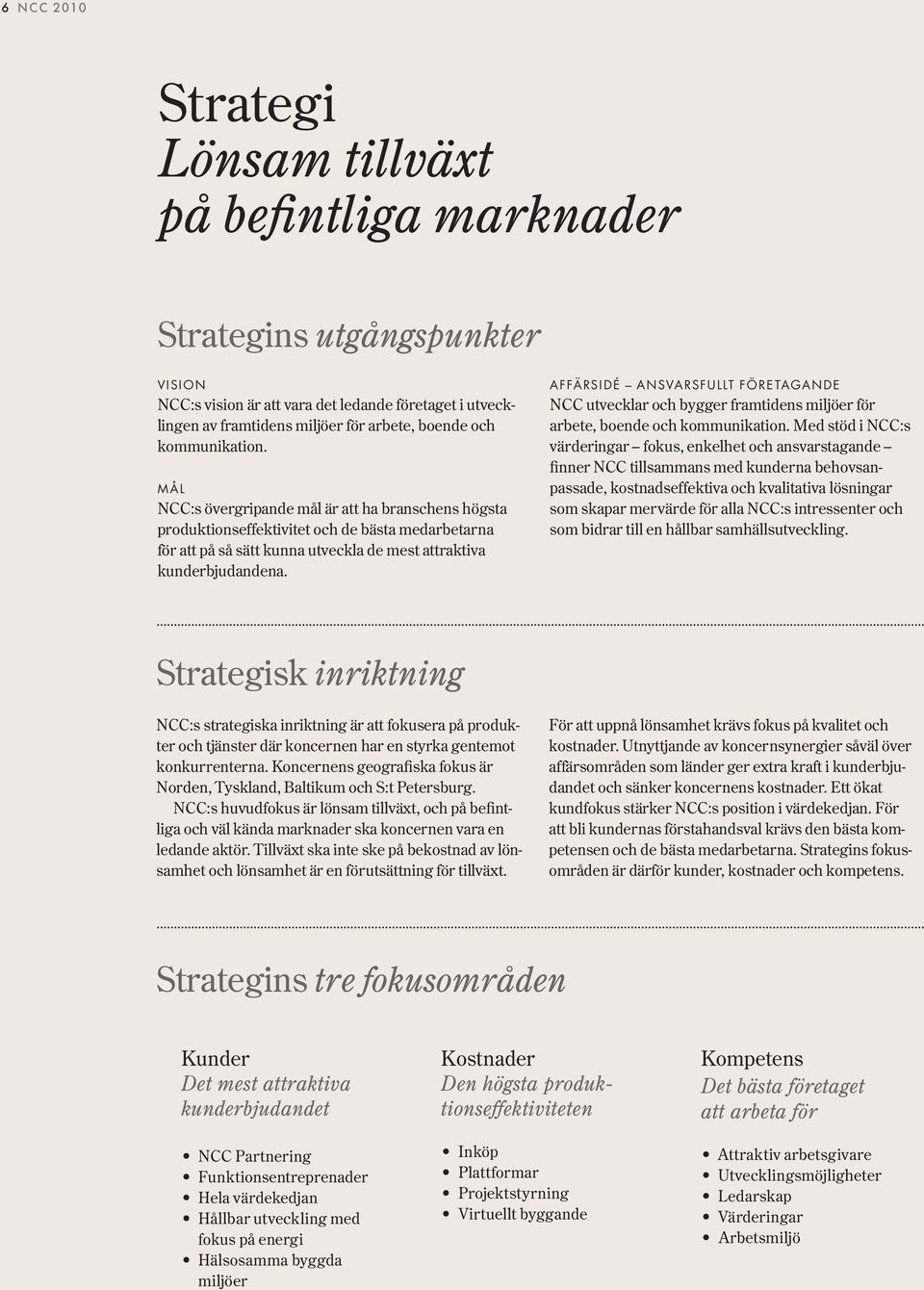 AFFÄRSIDÉ ANSVARSFULLT FÖRETAGANDE NCC utvecklar och bygger framtidens miljöer för arbete, boende och kommunikation.