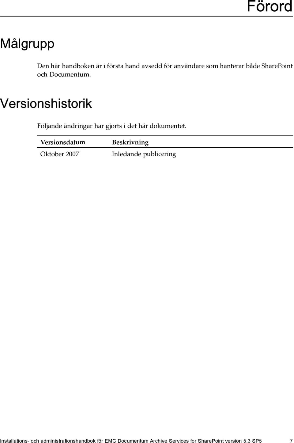 Versionshistorik Följande ändringar har gjorts i det här dokumentet.