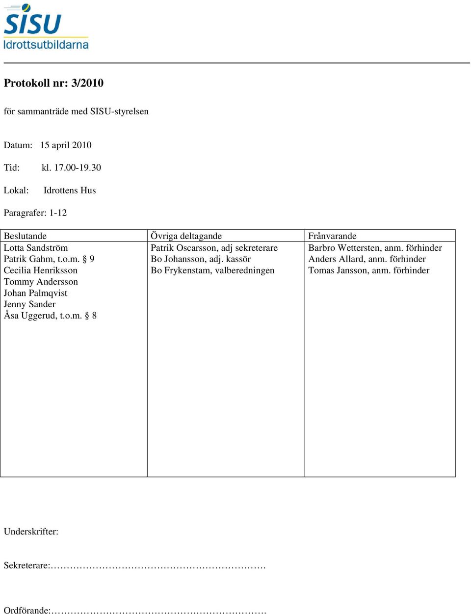 Patrik Gahm, t.o.m. 9 Cecilia Henriksson Tommy Andersson Johan Palmqvist Jenny Sander Åsa Uggerud, t.o.m. 8 Patrik Oscarsson, adj sekreterare Bo Johansson, adj.