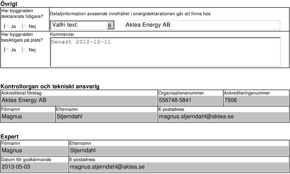2012-12-11 Kontrollorgan och tekniskt ansvarig Ackrediterat företag Aktea Energy AB Förnamn Magnus Efternamn Stjerndahl