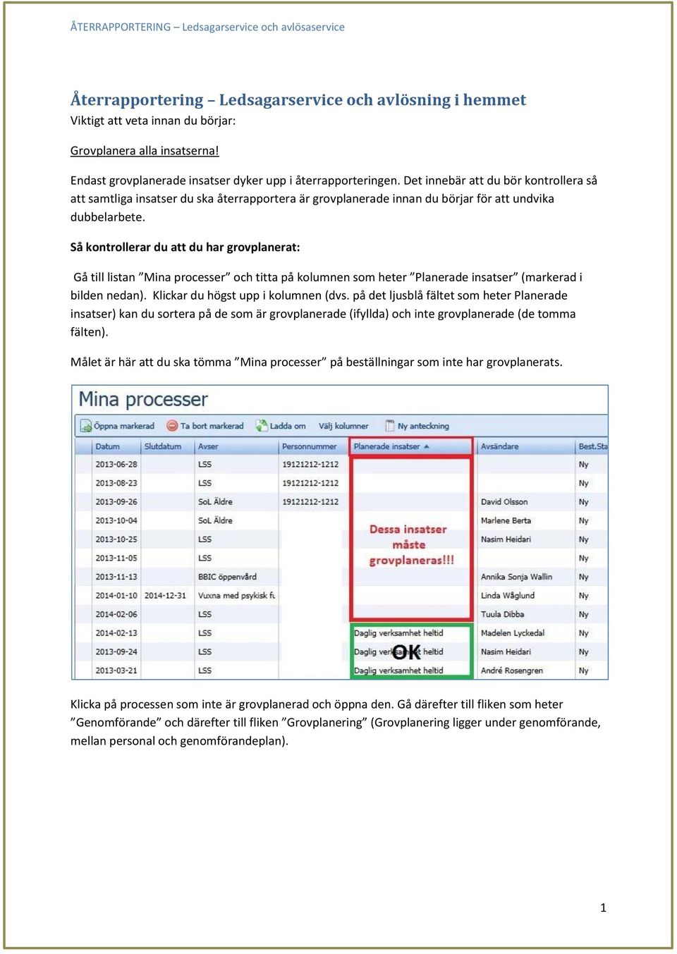 Så kontrollerar du att du har grovplanerat: Gå till listan Mina processer och titta på kolumnen som heter Planerade insatser (markerad i bilden nedan). Klickar du högst upp i kolumnen (dvs.