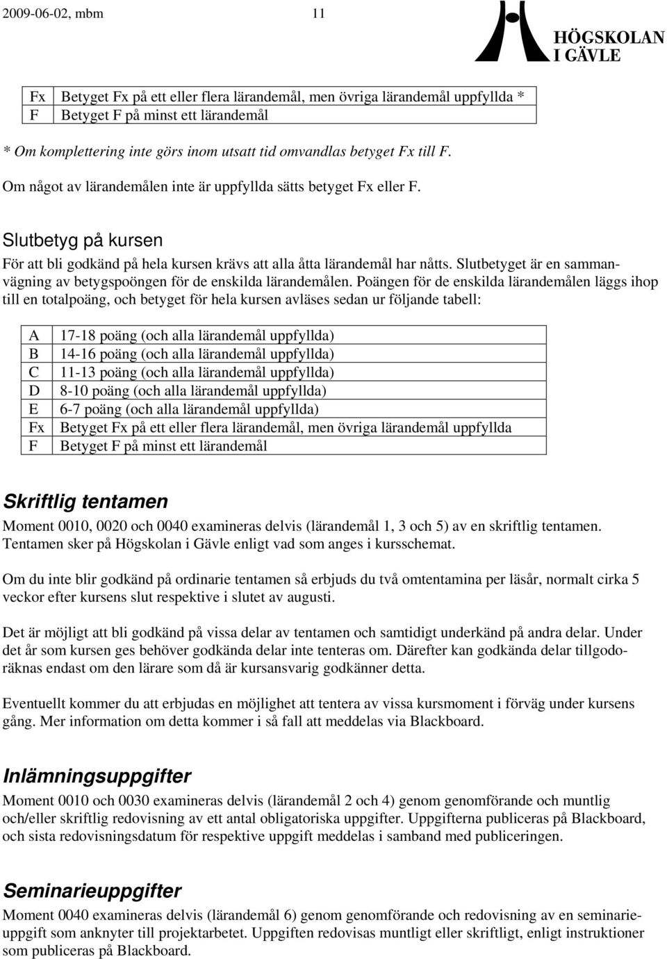 Slutbetyget är en sammanvägning av betygspoöngen för de enskilda lärandemålen.