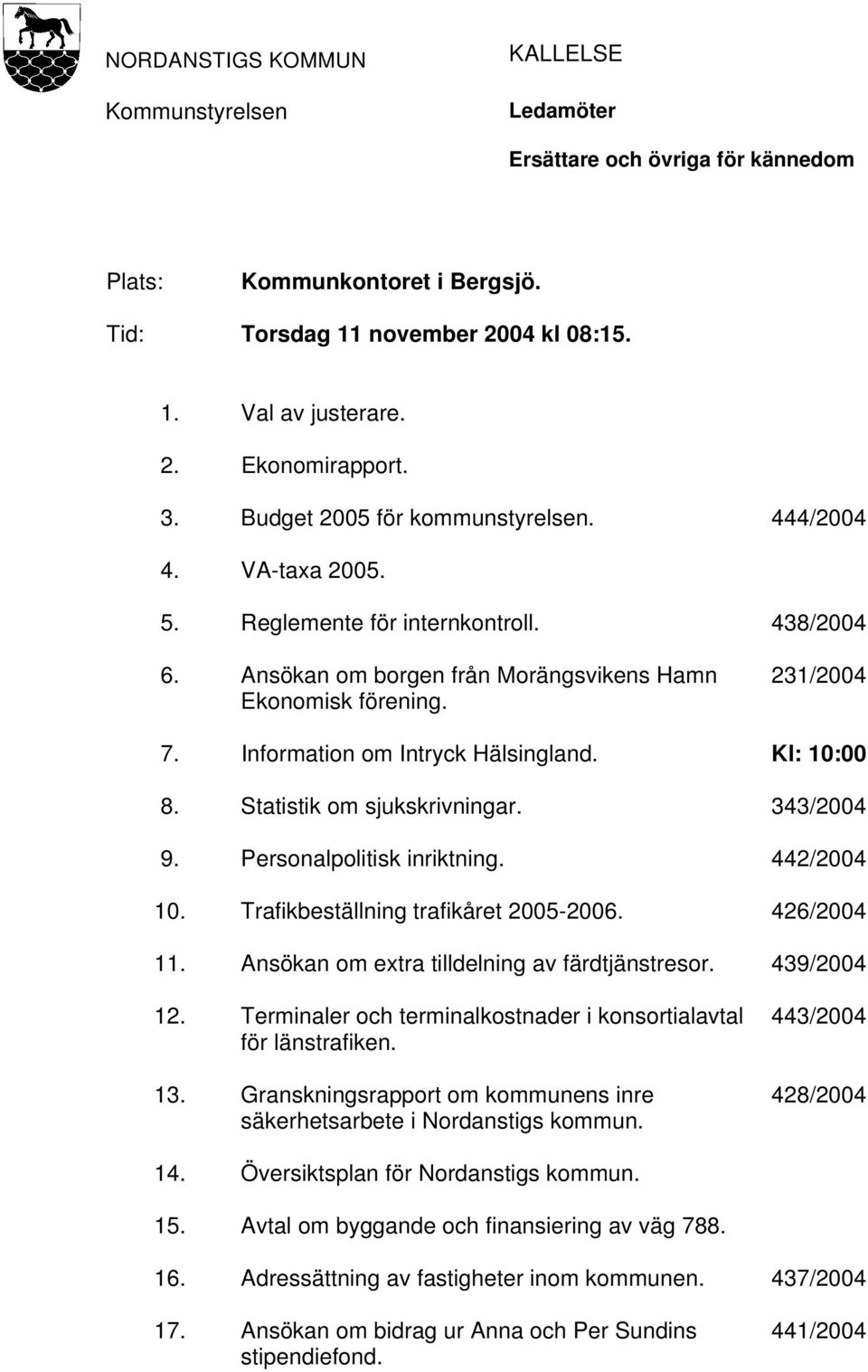 Information om Intryck Hälsingland. Kl: 10:00 8. Statistik om sjukskrivningar. 343/2004 9. Personalpolitisk inriktning. 442/2004 10. Trafikbeställning trafikåret 2005-2006. 426/2004 11.