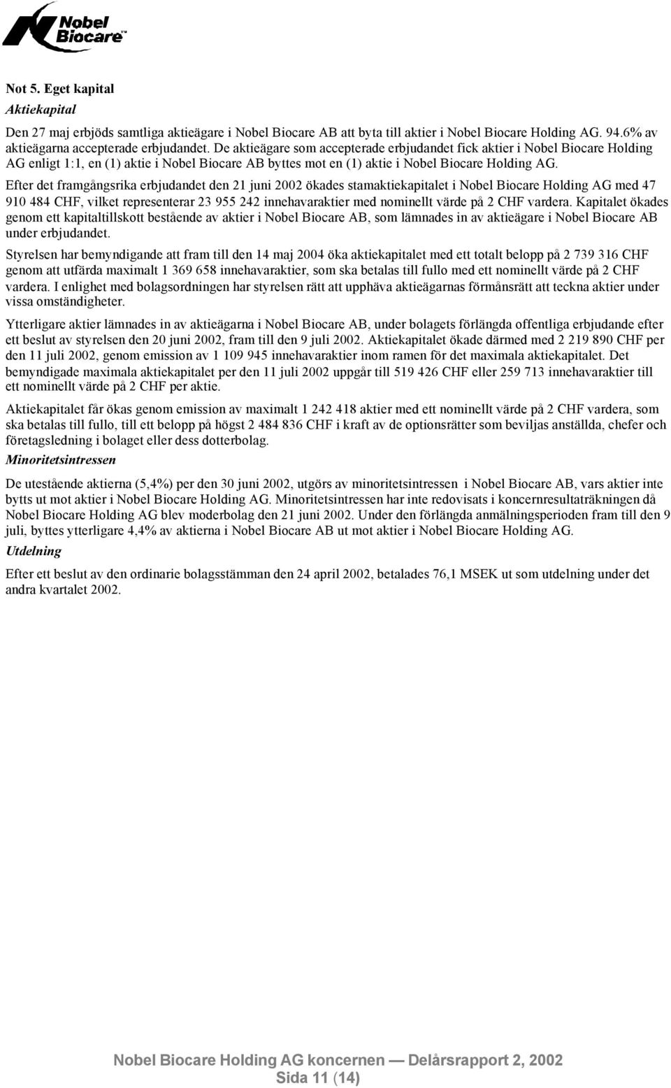 Efter det framgångsrika erbjudandet den 21 juni 2002 ökades stamaktiekapitalet i Nobel Biocare Holding AG med 47 910 484 CHF, vilket representerar 23 955 242 innehavaraktier med nominellt värde på 2