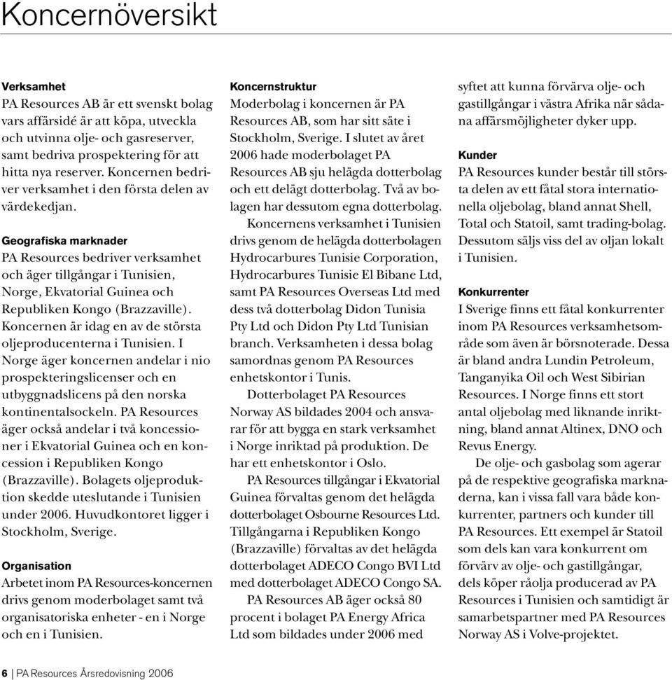 Geografiska marknader PA Resources bedriver verksamhet och äger tillgångar i Tunisien, Norge, Ekvatorial Guinea och Republiken Kongo (Brazzaville).