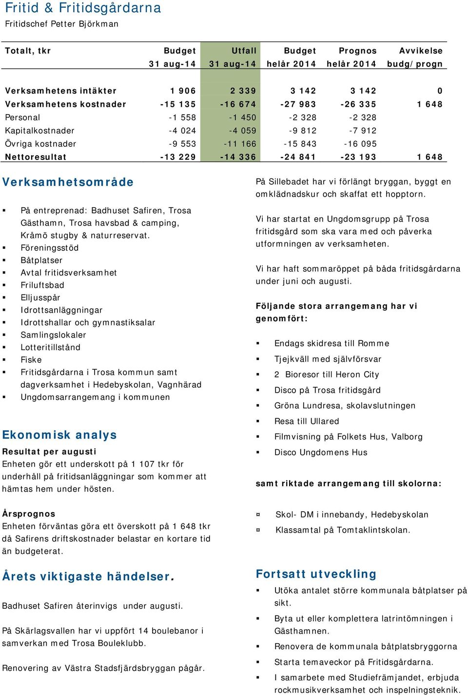 -13 229-14 336-24 841-23 193 1 648 Verksamhetsområde På entreprenad: Badhuset Safiren, Trosa Gästhamn, Trosa havsbad & camping, Kråmö stugby & naturreservat.
