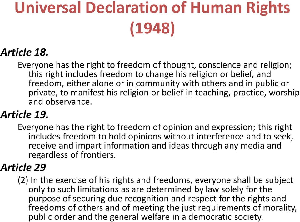 public or private, to manifest his religion or belief in teaching, practice, worship and observance. Article 19.