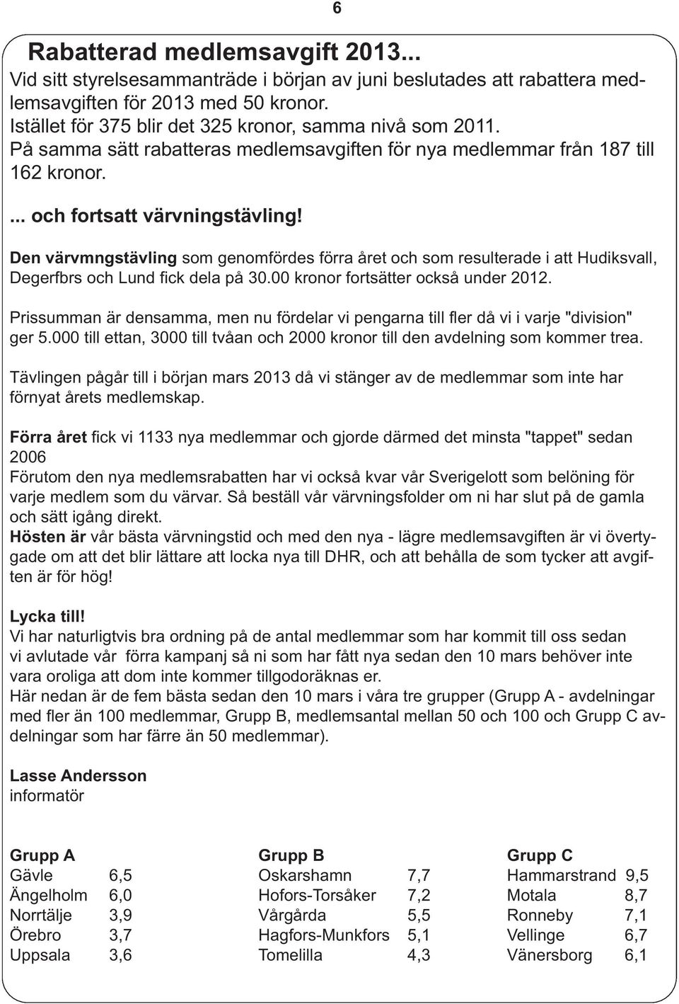 Den värvmngstävling som genomfördes förra året och som resulterade i att Hudiksvall, Degerfbrs och Lund fick dela på 30.00 kronor fortsätter också under 2012.