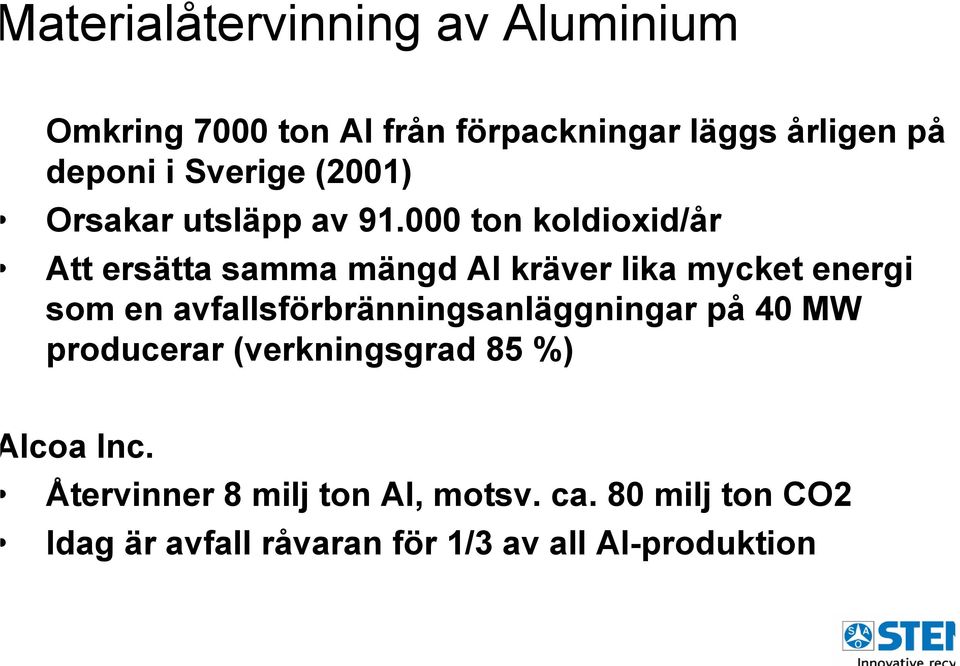 000 ton koldioxid/år Att ersätta samma mängd Al kräver lika mycket energi som en