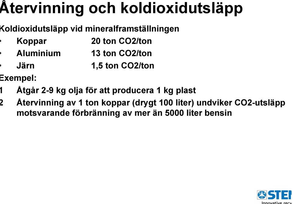 Åtgår 2-9 kg olja för att producera 1 kg plast Återvinning av 1 ton koppar