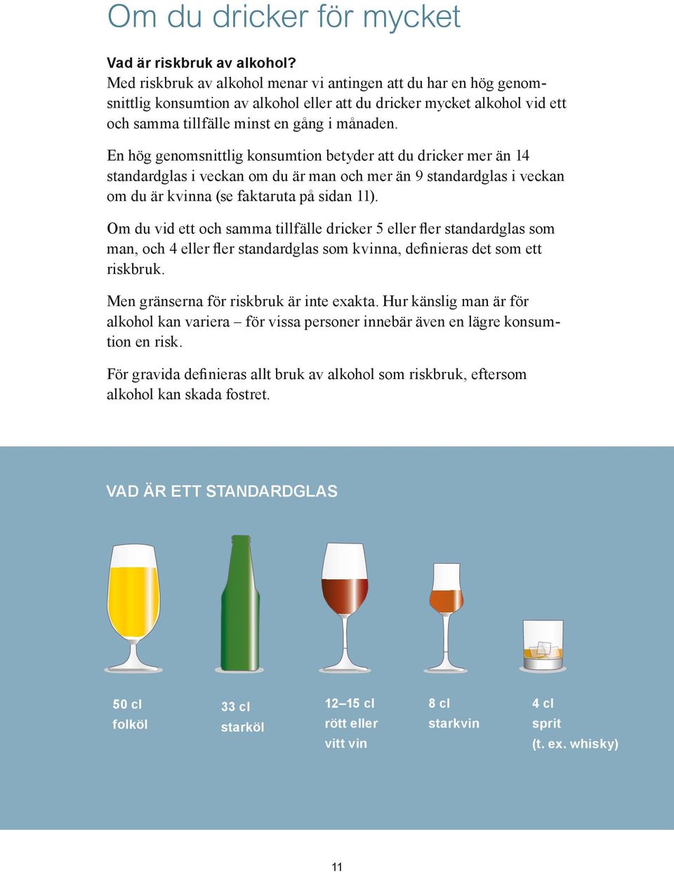 En hög genomsnittlig konsumtion betyder att du dricker mer än 14 standardglas i veckan om du är man och mer än 9 standardglas i veckan om du är kvinna (se faktaruta på sidan 11).