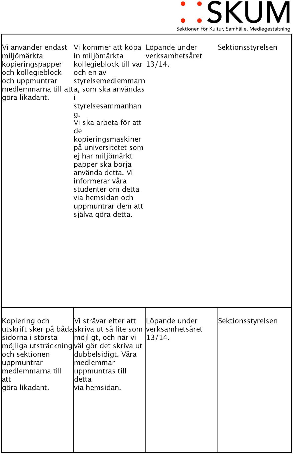 Vi ska arbeta för att de kopieringsmaskiner på universitetet som ej har miljömärkt papper ska börja använda detta.