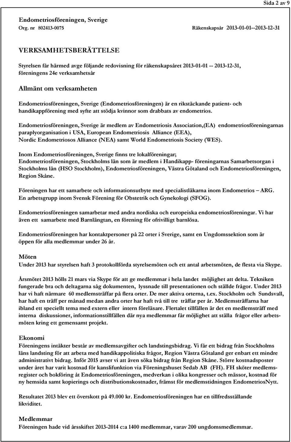 är medlem av Endometriosis Association,(EA) endometriosföreningarnas paraplyorganisation i USA, European Endometriosis Alliance (EEA), Nordic Endometriosos Alliance (NEA) samt World Endometriosis