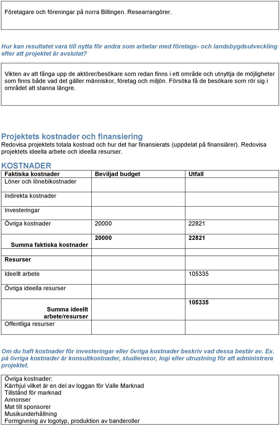 Försöka få de besökare som rör sig i området att stanna längre. Projektets kostnader och finansiering Redovisa projektets totala kostnad och hur det har finansierats (uppdelat på finansiärer).