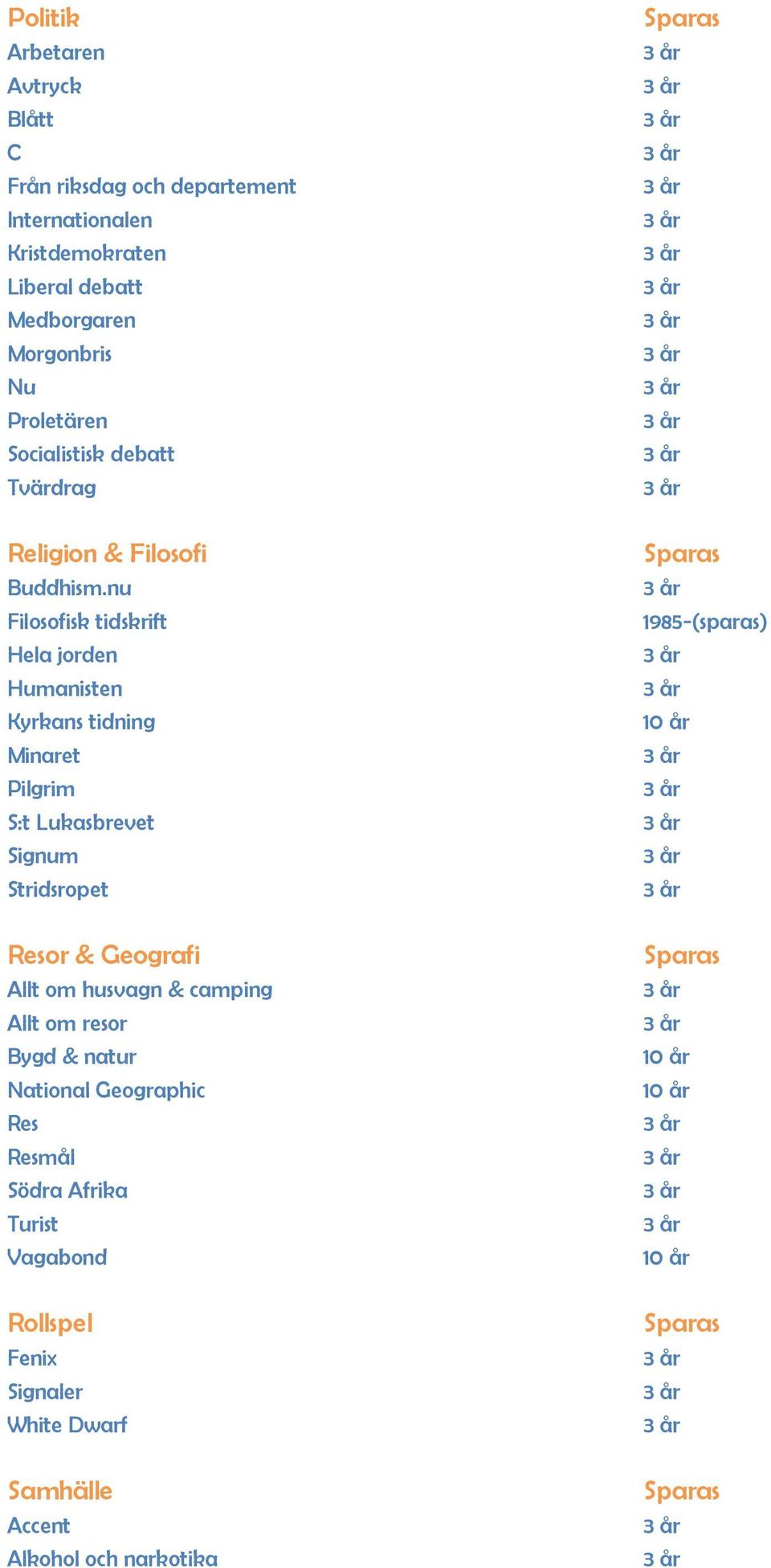 nu Filosofisk tidskrift Hela jorden Humanisten Kyrkans tidning Minaret Pilgrim S:t Lukasbrevet Signum Stridsropet Resor & Geografi