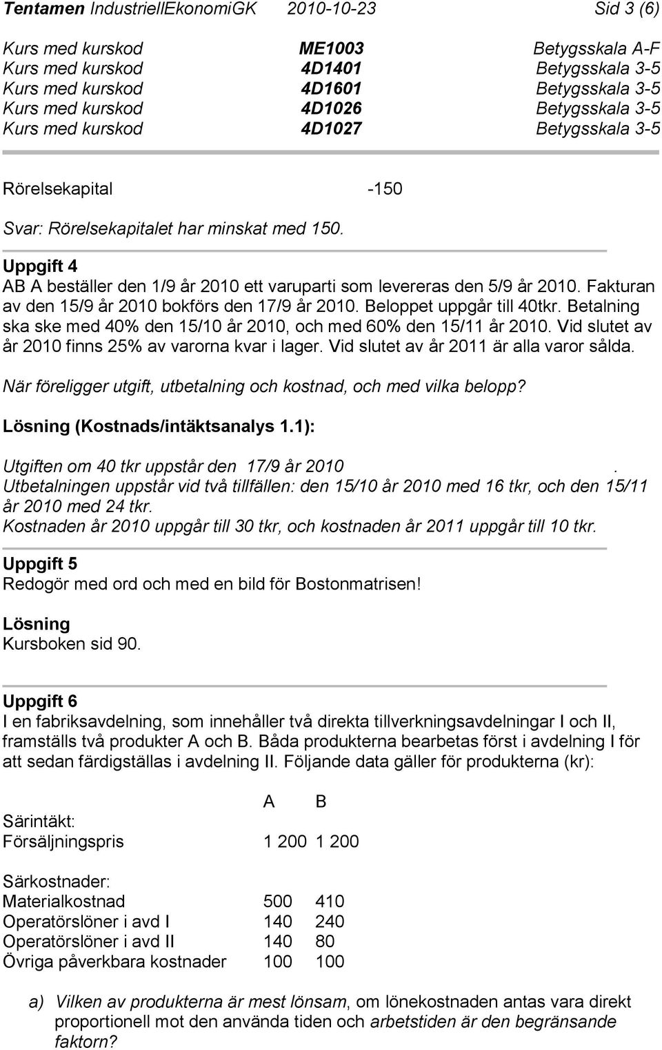 Vid slutet av år 2010 finns 25% av varorna kvar i lager. Vid slutet av år 2011 är alla varor sålda. När föreligger utgift, utbetalning och kostnad, och med vilka belopp?