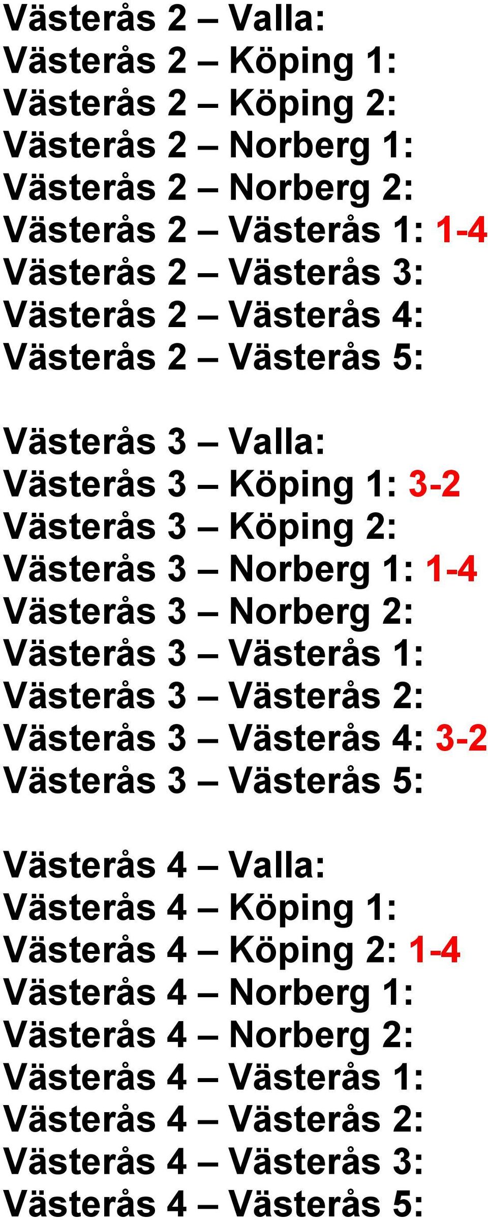 Norberg 2: Västerås 3 Västerås 1: Västerås 3 Västerås 2: Västerås 3 Västerås 4: 3-2 Västerås 3 Västerås 5: Västerås 4 Valla: Västerås 4 Köping 1: