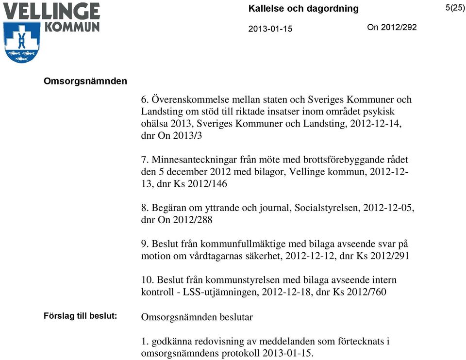 2013/3 7. Minnesanteckningar från möte med brottsförebyggande rådet den 5 december 2012 med bilagor, Vellinge kommun, 2012-12- 13, dnr Ks 2012/146 8.