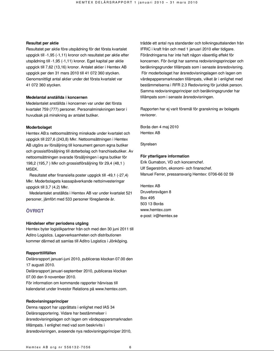 Genomsnittligt antal aktier under det första kvartalet var 41 072 360 stycken. Medelantal anställda i koncernen Medelantalet anställda i koncernen var under det första kvartalet 759 (777) personer.