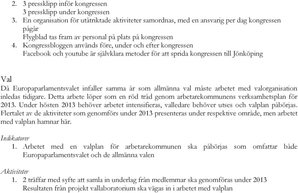 Kongressbloggen används före, under och efter kongressen Facebook och youtube är självklara metoder för att sprida kongressen till Jönköping Val Då Europaparlamentsvalet infaller samma år som