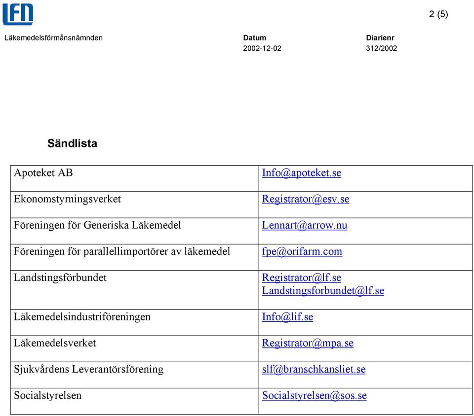 Sjukvårdens Leverantörsförening Socialstyrelsen Info@apoteket.se Registrator@esv.se Lennart@arrow.