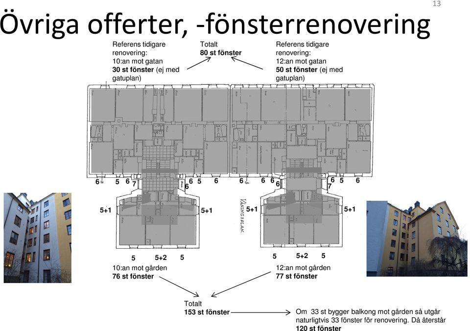 6 6 5 6 6 7 5+1 5+1 5+1 5+1 5 5+2 5 5 5+2 5 10:an mot gården 76 st fönster 12:an mot gården 77 st fönster Totalt 153