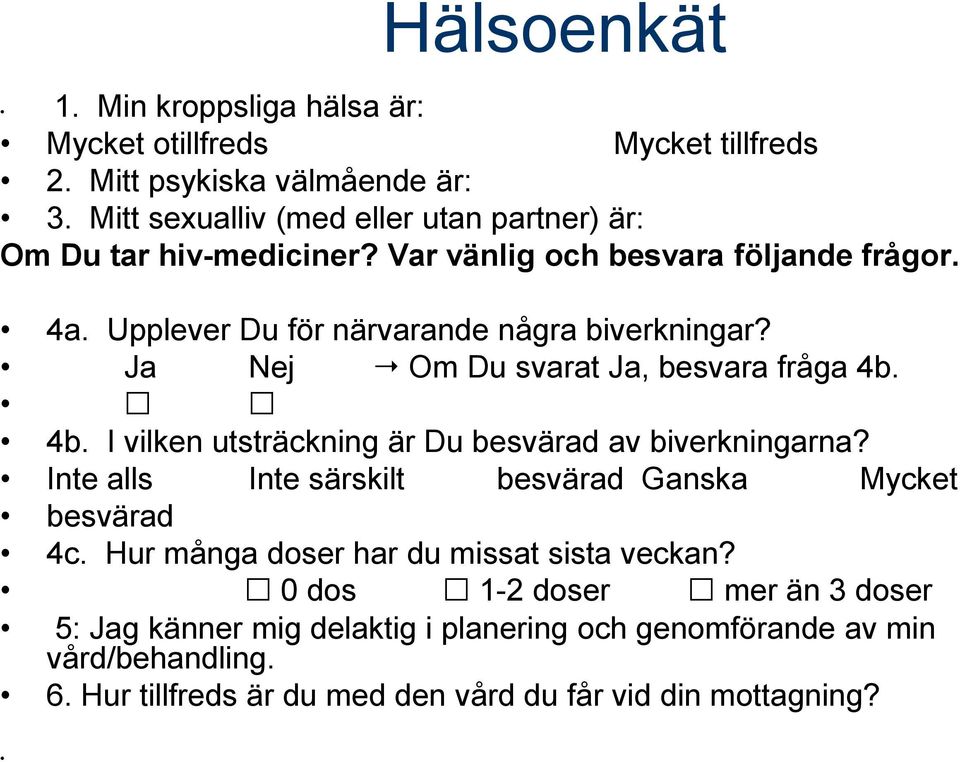 Ja Nej Om Du svarat Ja, besvara fråga 4b. 4b. I vilken utsträckning är Du besvärad av biverkningarna? Inte alls Inte särskilt besvärad Ganska Mycket besvärad 4c.