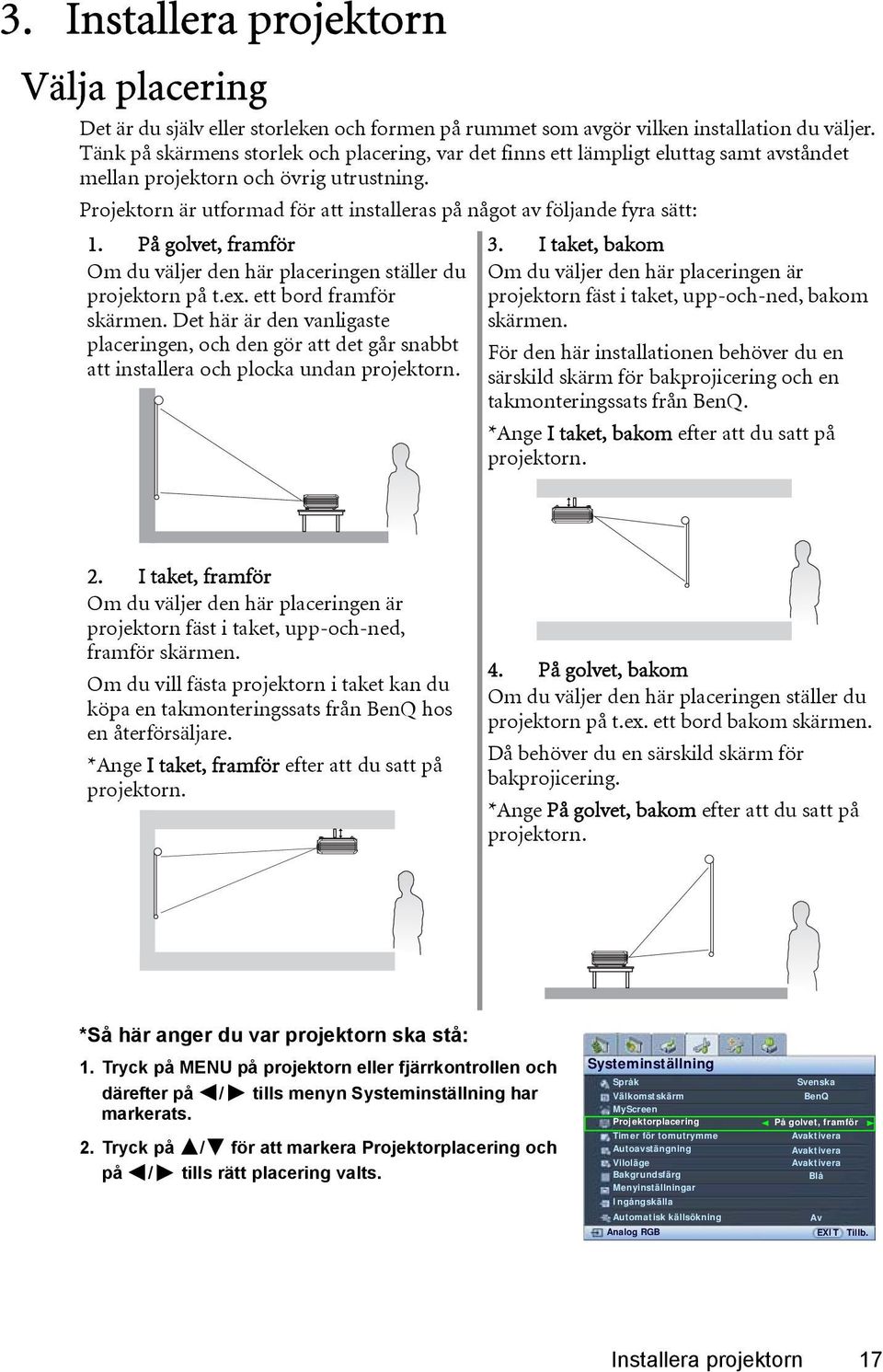 Projektorn är utformad för att installeras på något av följande fyra sätt: 1. På golvet, framför Om du väljer den här placeringen ställer du projektorn på t.ex. ett bord framför skärmen.