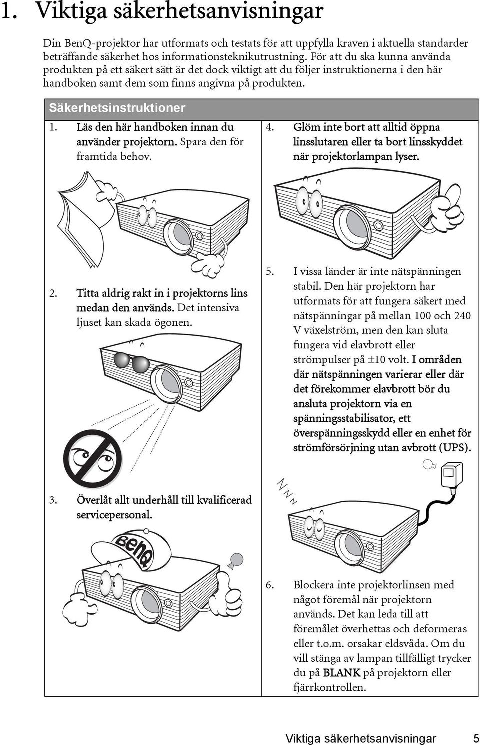 Läs den här handboken innan du använder projektorn. Spara den för framtida behov. 4. Glöm inte bort att alltid öppna linsslutaren eller ta bort linsskyddet när projektorlampan lyser. 2.