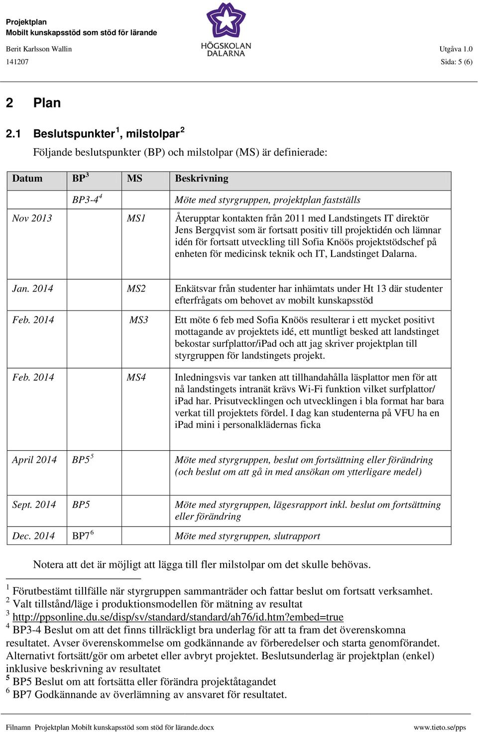 Återupptar kontakten från 2011 med Landstingets IT direktör Jens Bergqvist som är fortsatt positiv till projektidén och lämnar idén för fortsatt utveckling till Sofia Knöös projektstödschef på