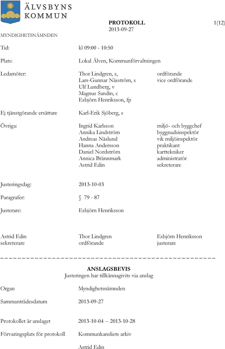 praktikant Daniel Nordström karttekniker Annica Brännmark administratör Astrid Edin sekreterare Justeringsdag: 2013-10-03 Paragrafer: 79-87 Justerare: Esbjörn Henriksson Astrid Edin Thor Lindgren